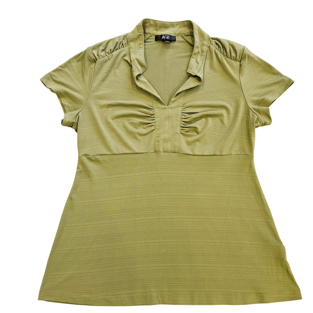 AGB Women Olive Pickle Green Ruched Empire Waist Short Sleeve Knit Top Small Y2K